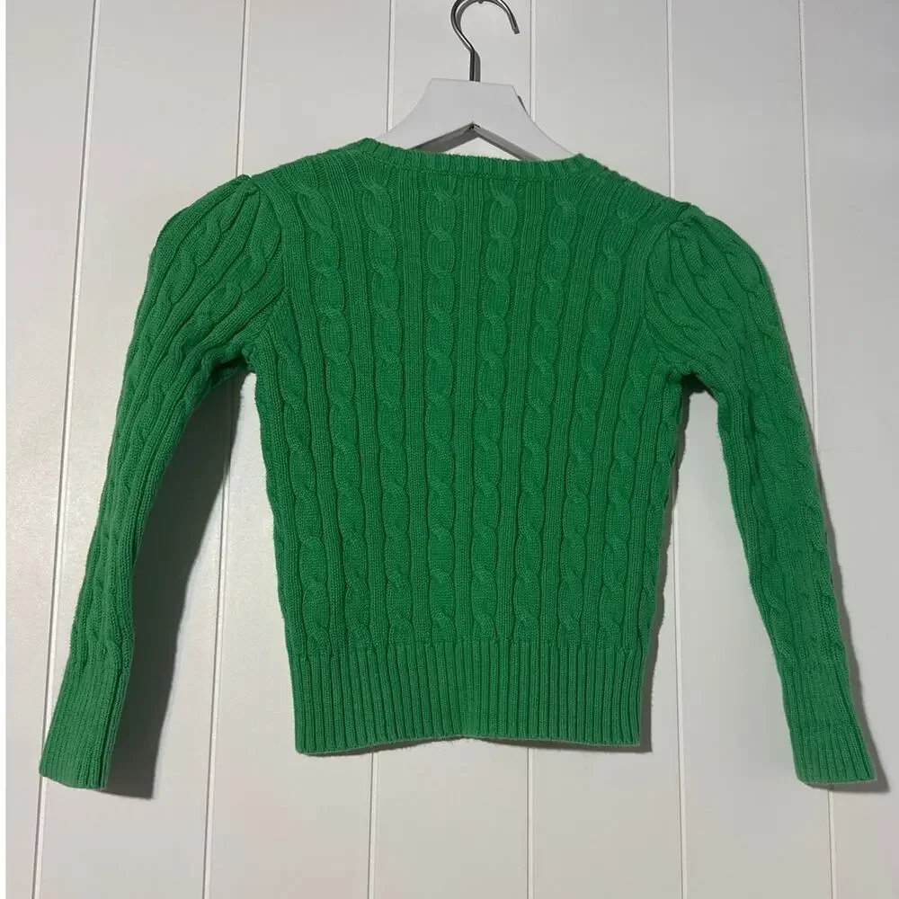 Ralph Lauren Girls 6X Cable Knit Lace Up Sweater Green Cotton Long Sleeve